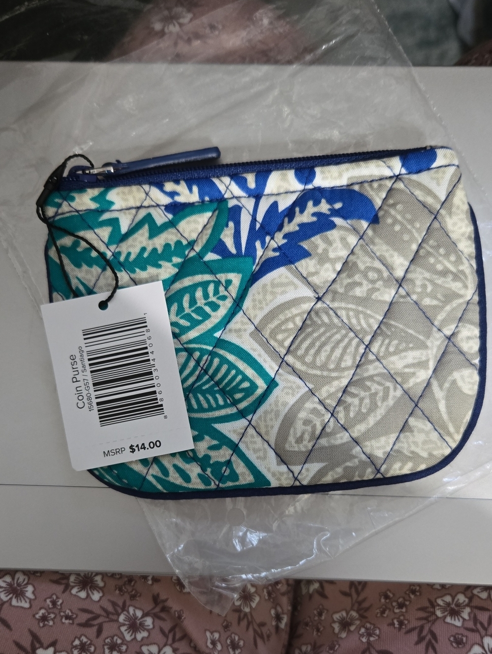 Vera Bradley Quilted Leaf Coin Purse - Blue & Teal